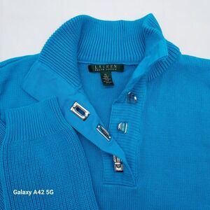 Lauren Ralph Lauren Women's XL Blue 100% Cotton 1/4 Zip Collared Sweater